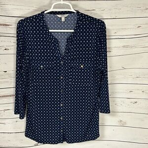 V-neck button front Blouse, Navy Blue print, 3/4 sleeve, geo print, size L